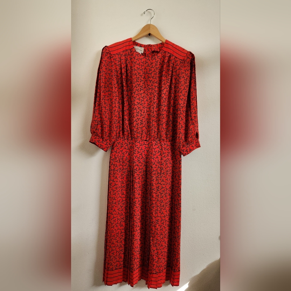 Vintage 80s Secretary Style Dress Red Black Button-down Back Midi Size‎ 12 NWT